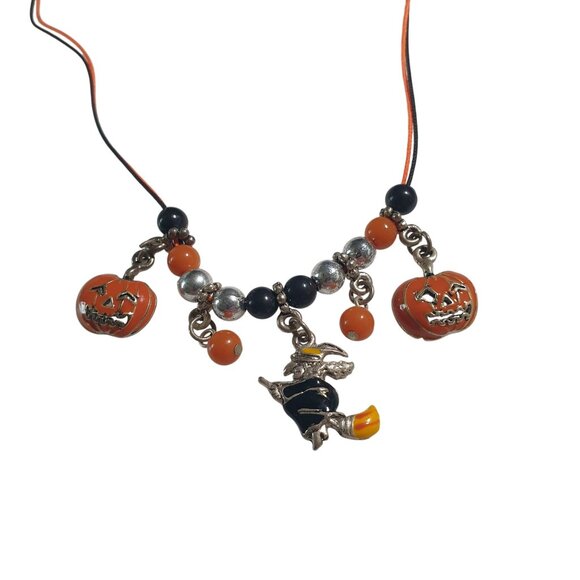Halloween Charms Necklace Black Orange Pumpkin Witch Design Adjustable Chain - Picture 1 of 4